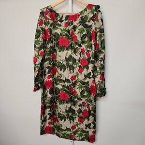 Vintage Rose Floral Print Long Sleeve Ruffle Collar Midi Dress Women's